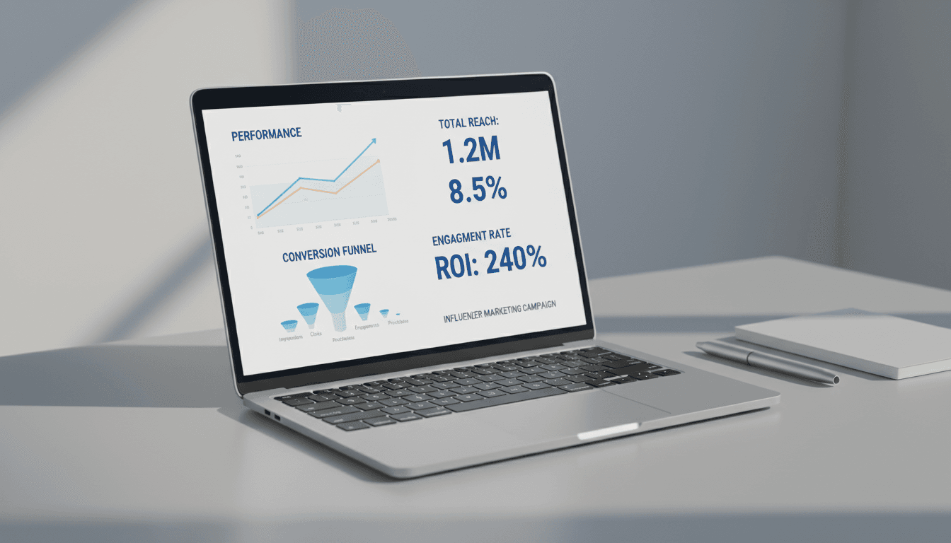 Laptop displaying influencer marketing performance analytics and conversion metrics