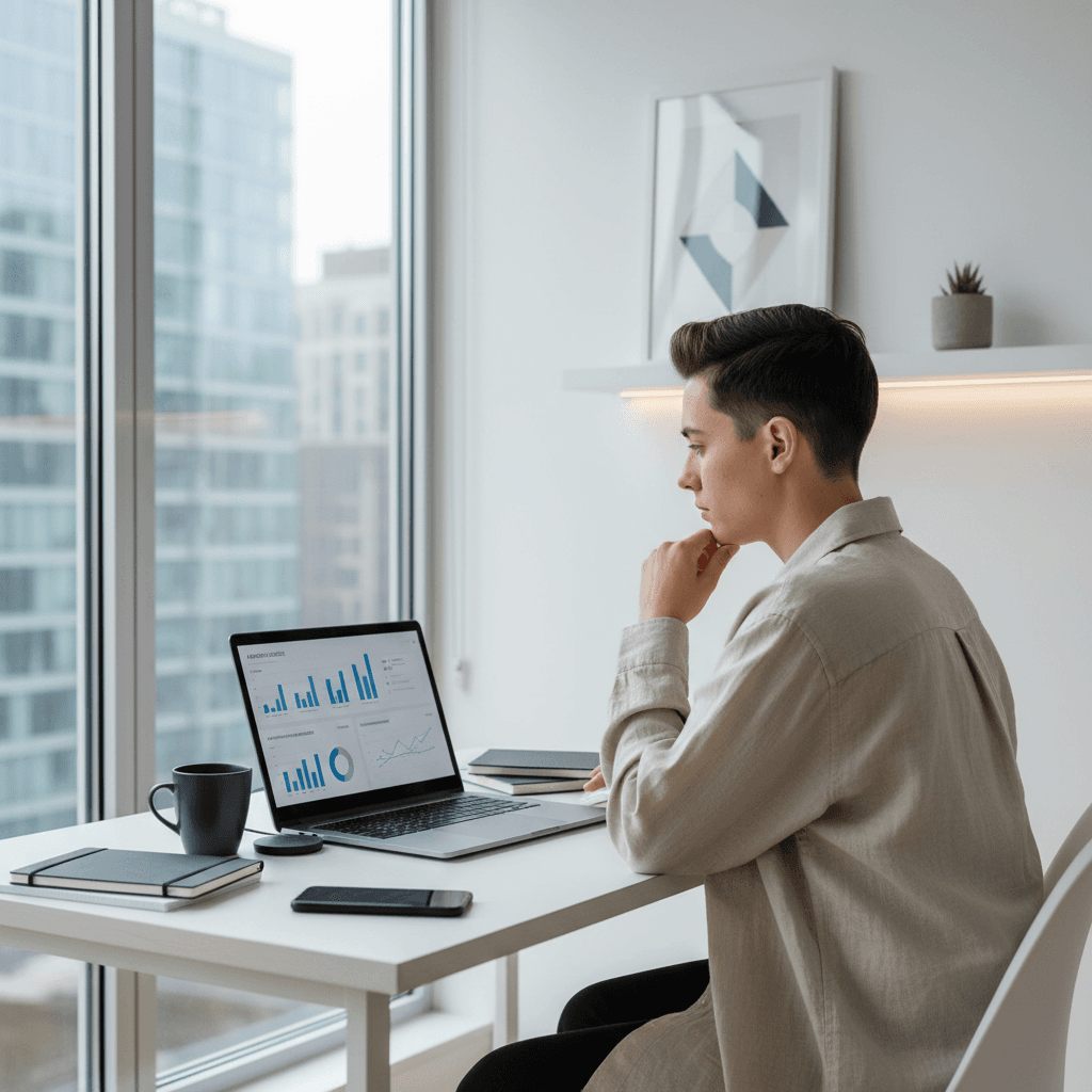 Young TikTok creator analyzing data on a laptop in a modern office.