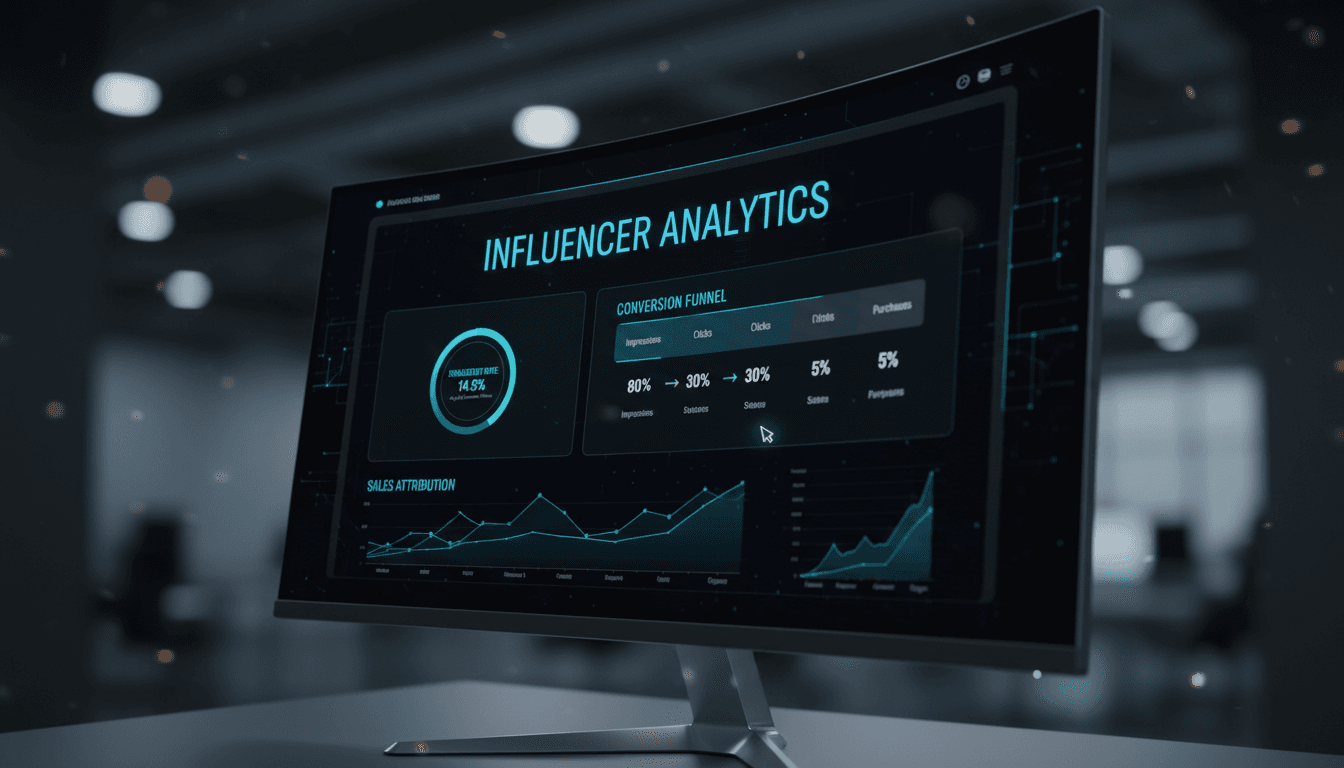 Data analytics dashboard showing influencer performance metrics and conversion tracking