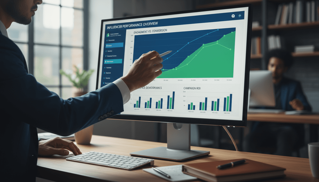 Analyst reviewing influencer campaign performance data on computer