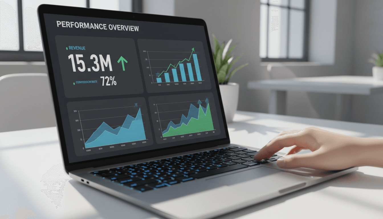 Laptop screen showing influencer marketing analytics dashboard with performance data and conversion metrics