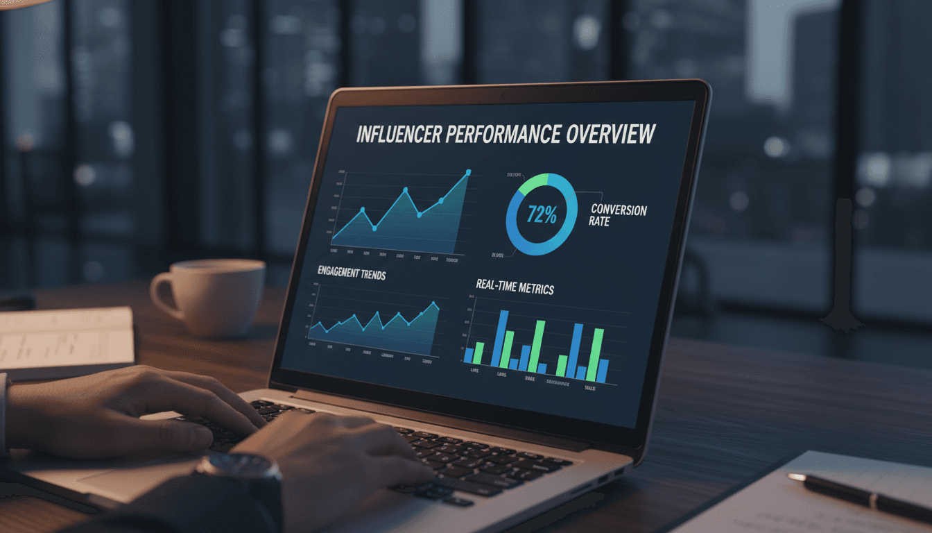 Data analyst reviewing influencer performance metrics on laptop screen